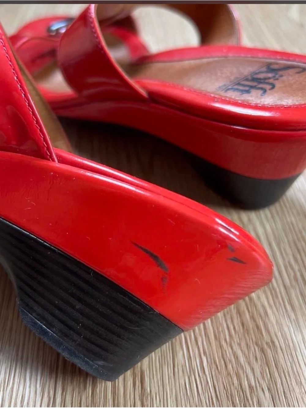 Red Patent Slip-On Mules with Metallic Detailing
